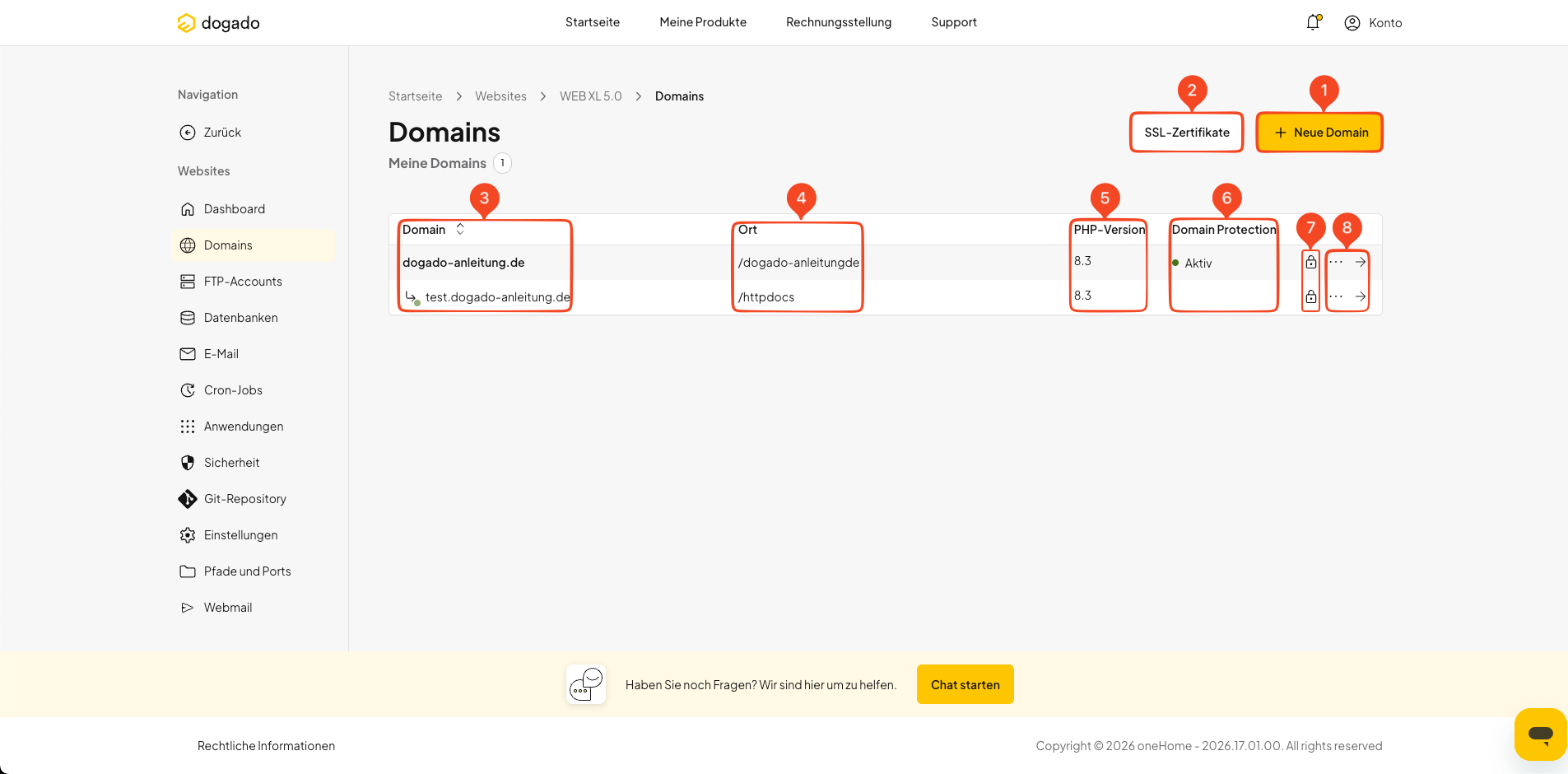 Übersicht der Domains und Subdomains in oneHome