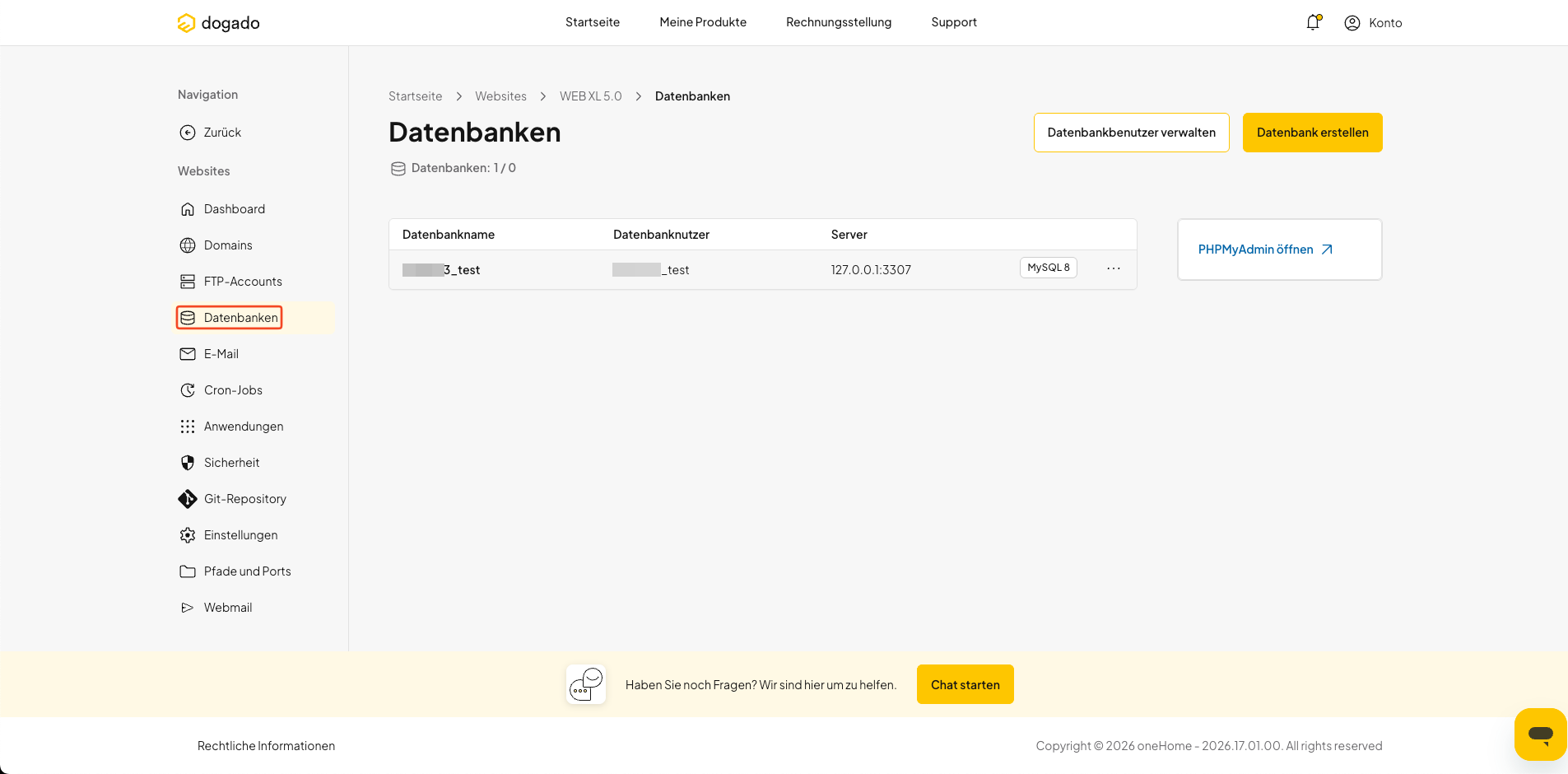 Bereich Datenbanken in oneHome öffnen