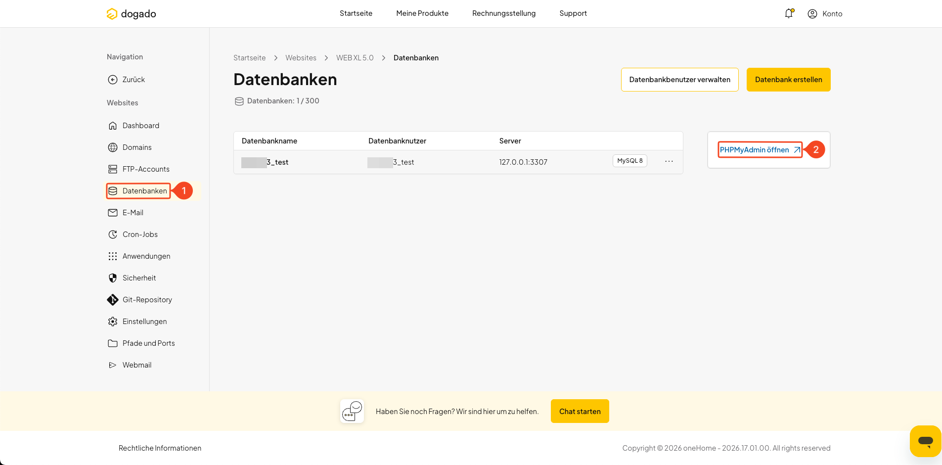 phpMyAdmin über den Bereich Datenbanken in oneHome öffnen