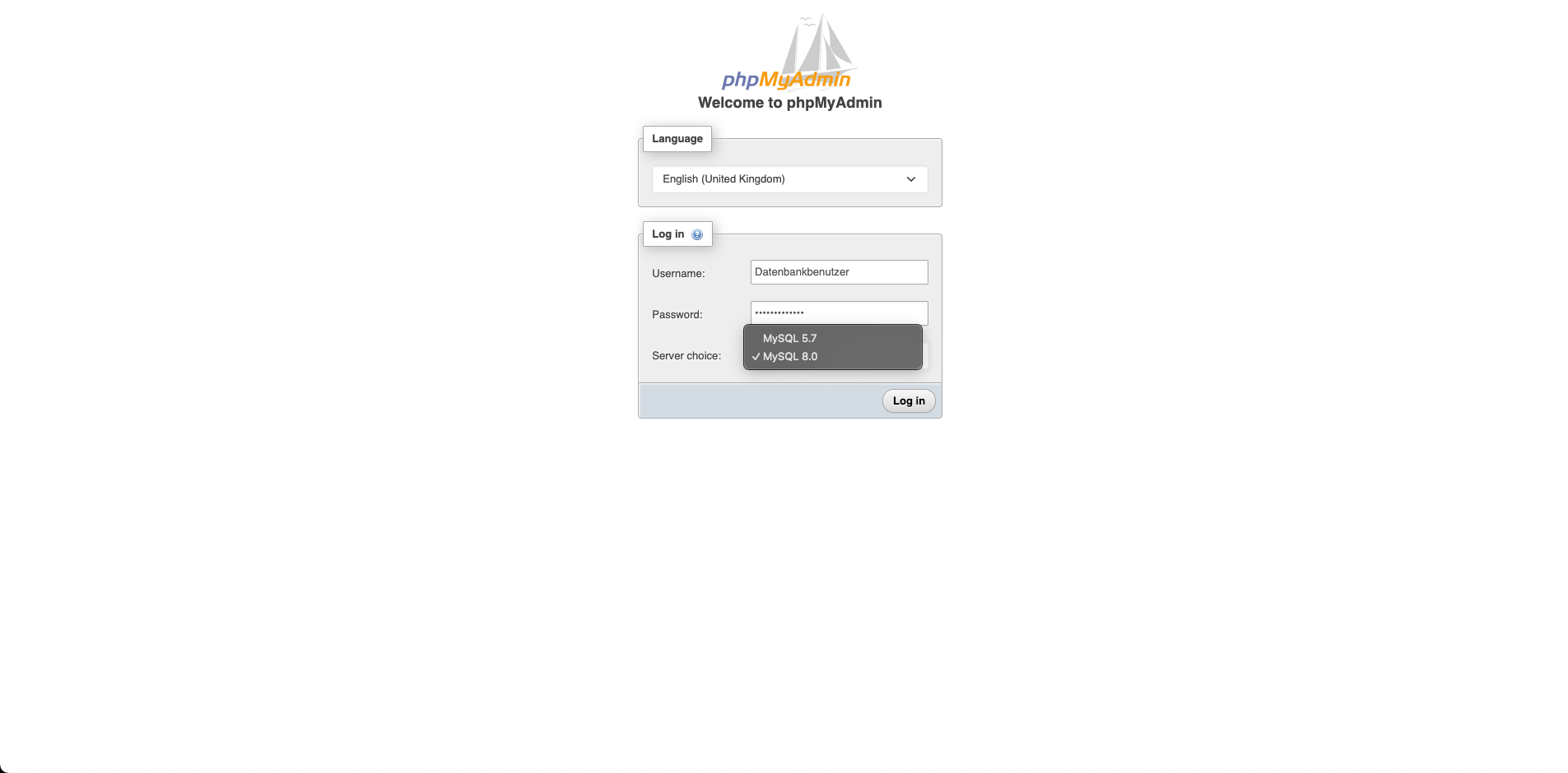 Anmeldeseite von phpMyAdmin für eine Datenbank