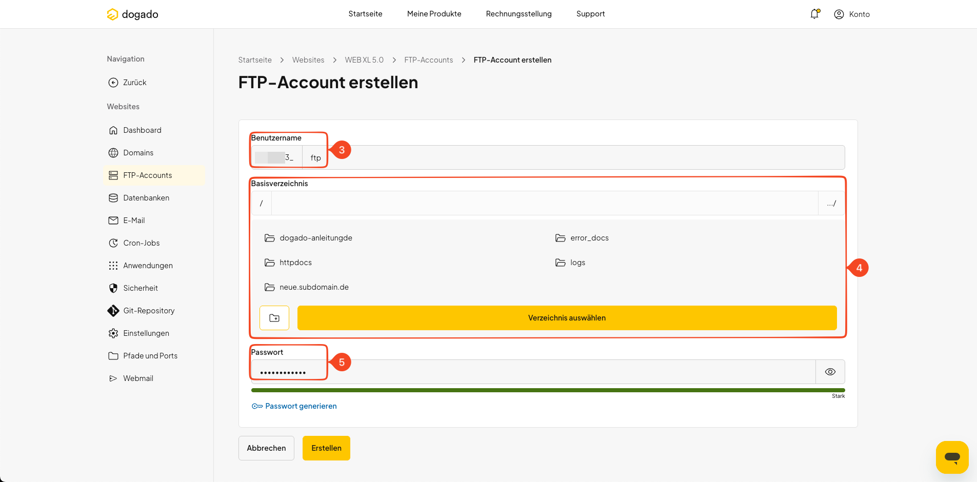 Benutzername, Basisverzeichnis und Passwort für einen FTP-Benutzer festlegen