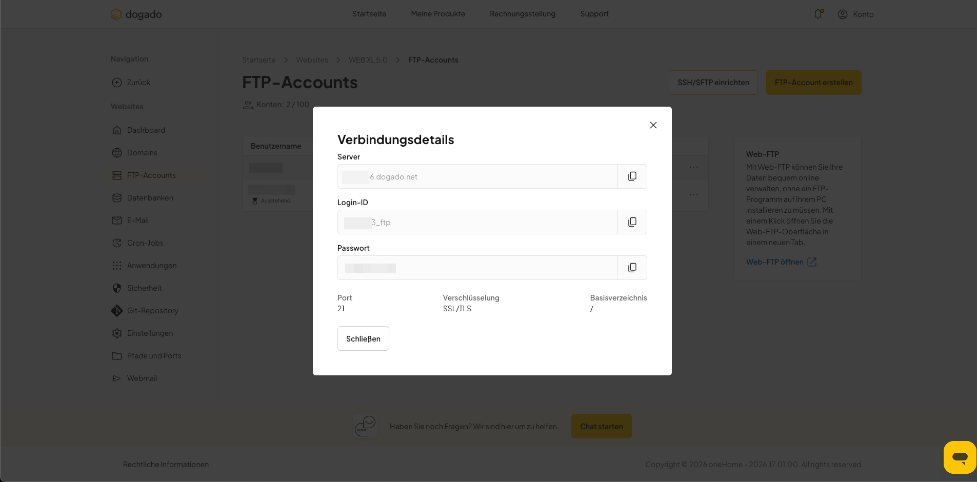 Bestätigung des neu angelegten FTP-Benutzers in oneHome