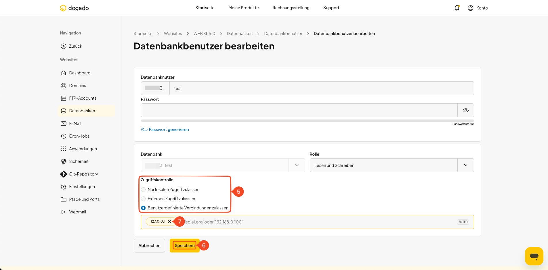 Zugriffssteuerung für einen Datenbankbenutzer in oneHome konfigurieren
