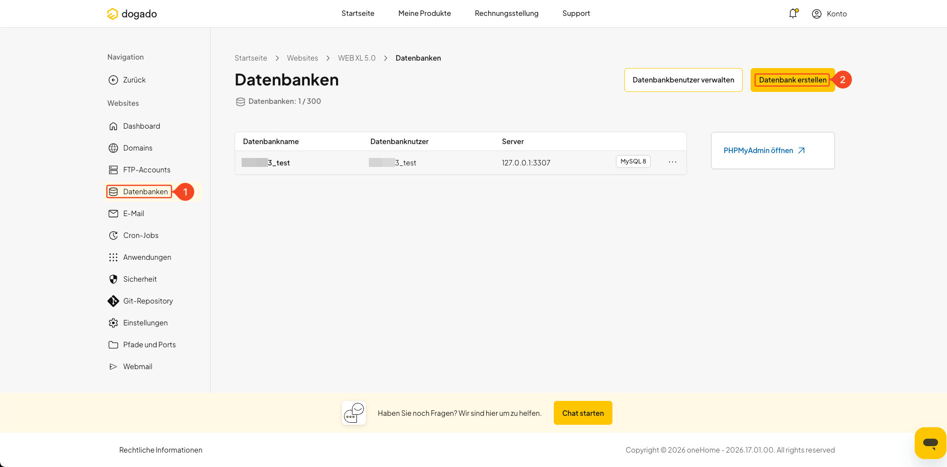 Neue MySQL-Datenbank in oneHome erstellen
