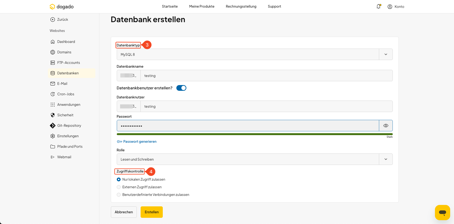 Datenbank-Typ, Zugangsdaten und Zugriffssteuerung für eine neue Datenbank festlegen