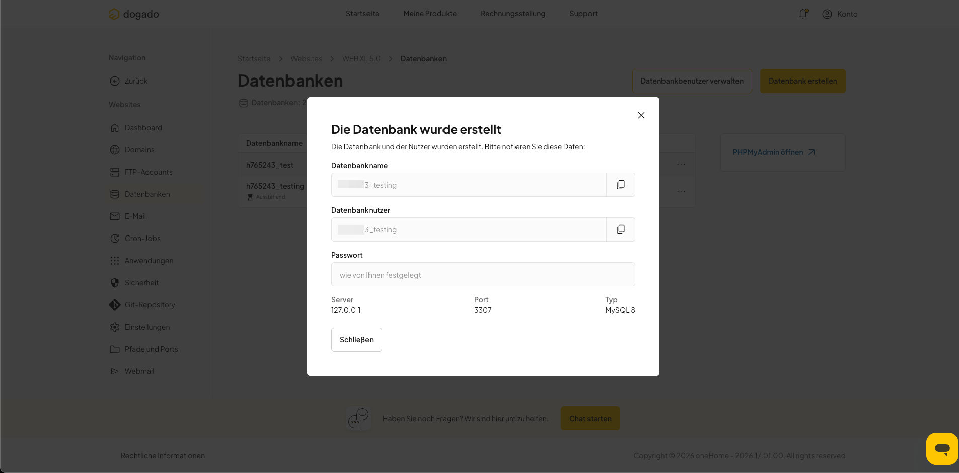 Übersicht der neu erstellten Datenbank in oneHome