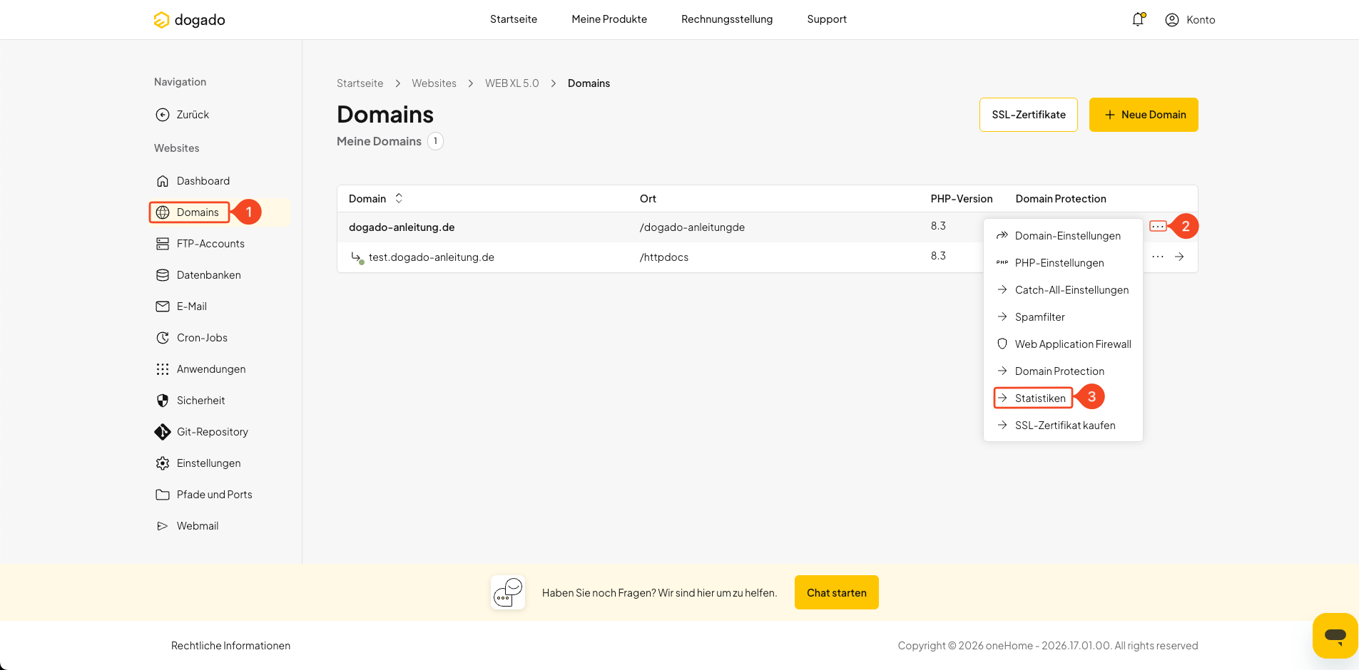 Webstatistiken einer Domain in oneHome öffnen