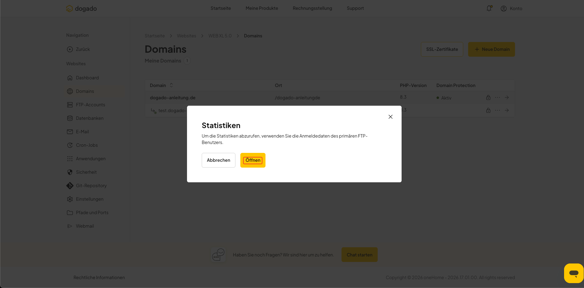 Webstatistiken einer Domain öffnen
