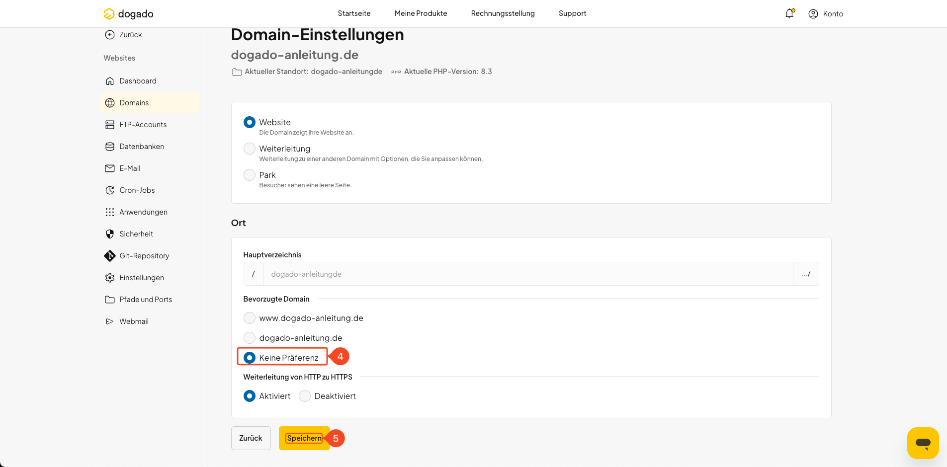 Keine Präferenz für die Domain auswählen und Einstellungen speichern