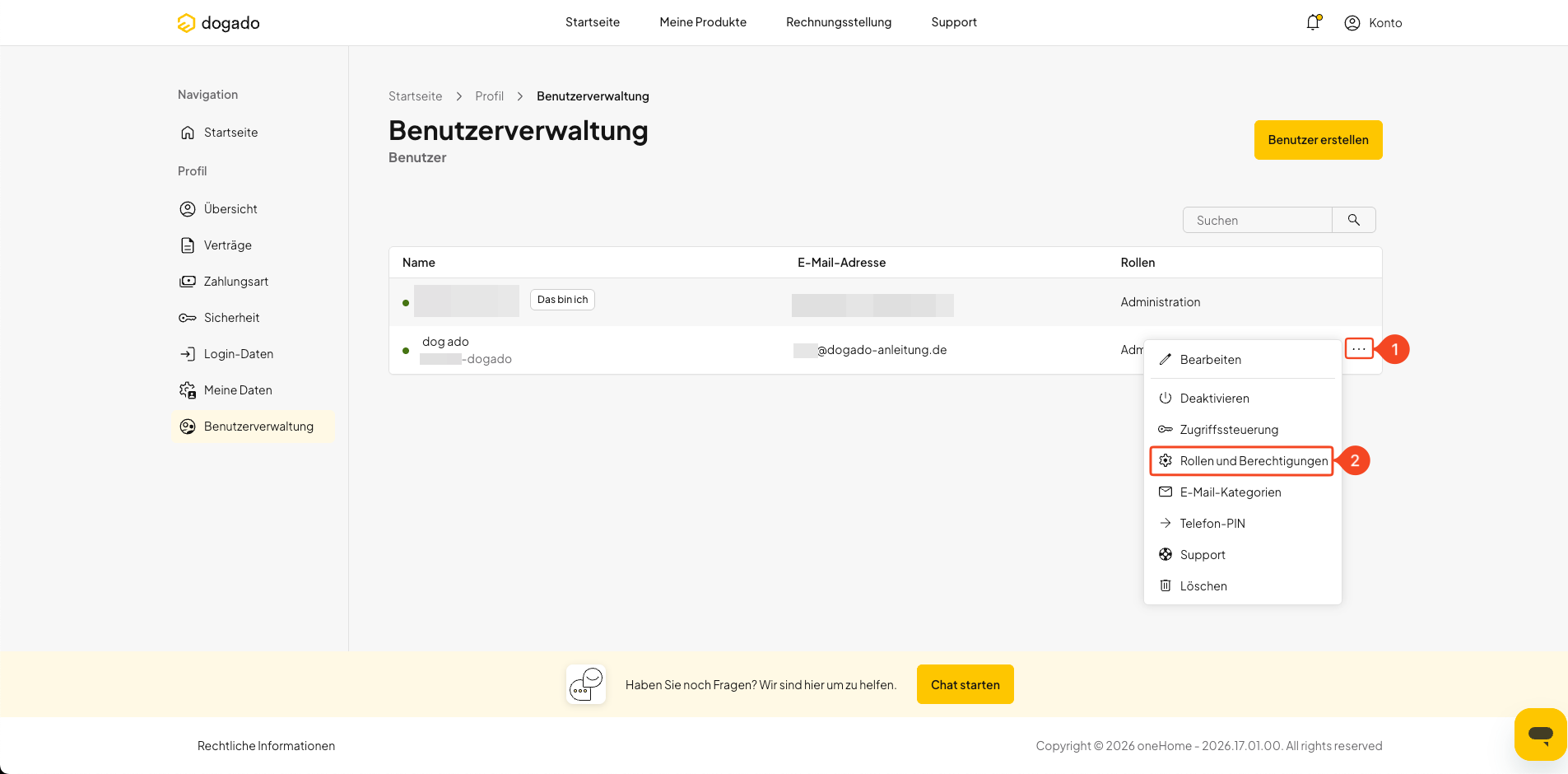 Benutzerrollen und Berechtigungen eines Benutzers in oneHome öffnen