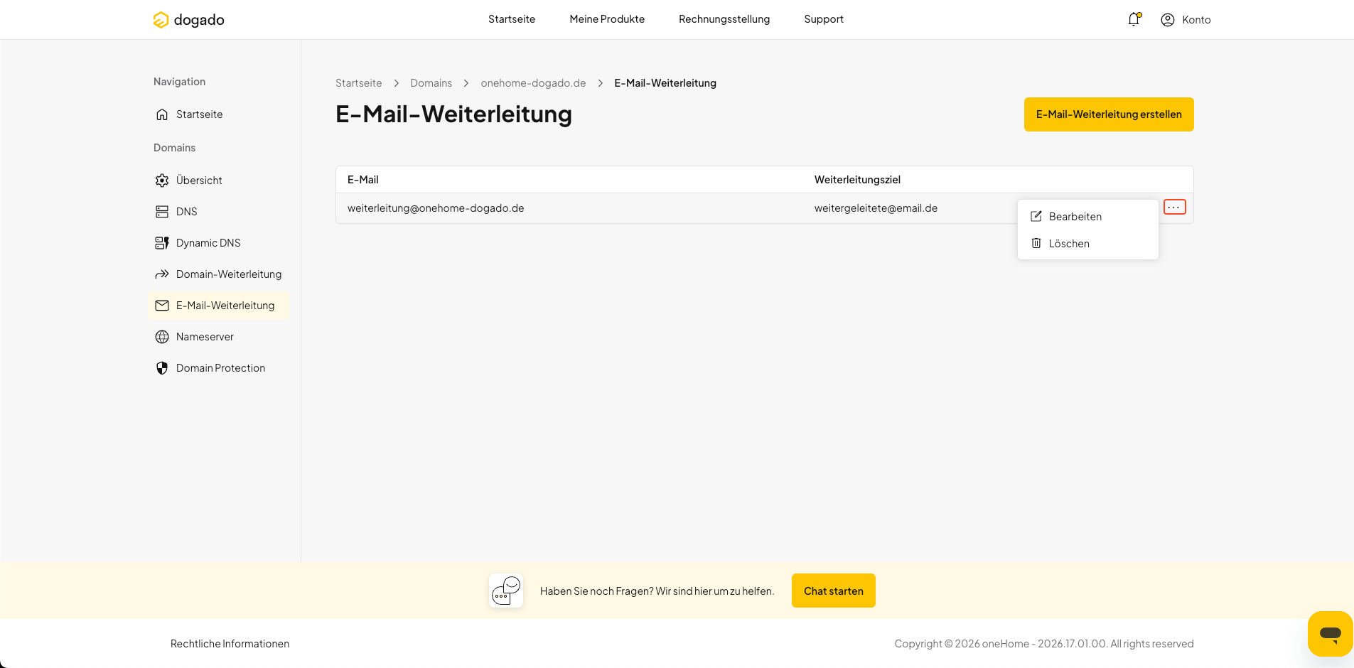 E-Mail-Weiterleitung in oneHome bearbeiten oder löschen
