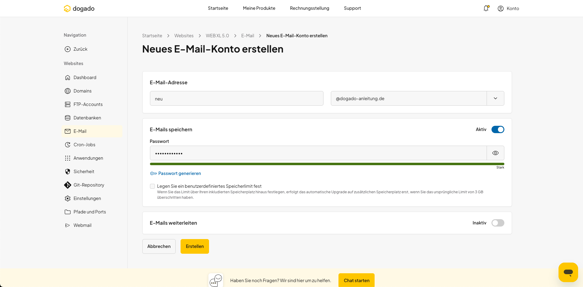 Angaben für ein neues E-Mail-Postfach eingeben und erstellen