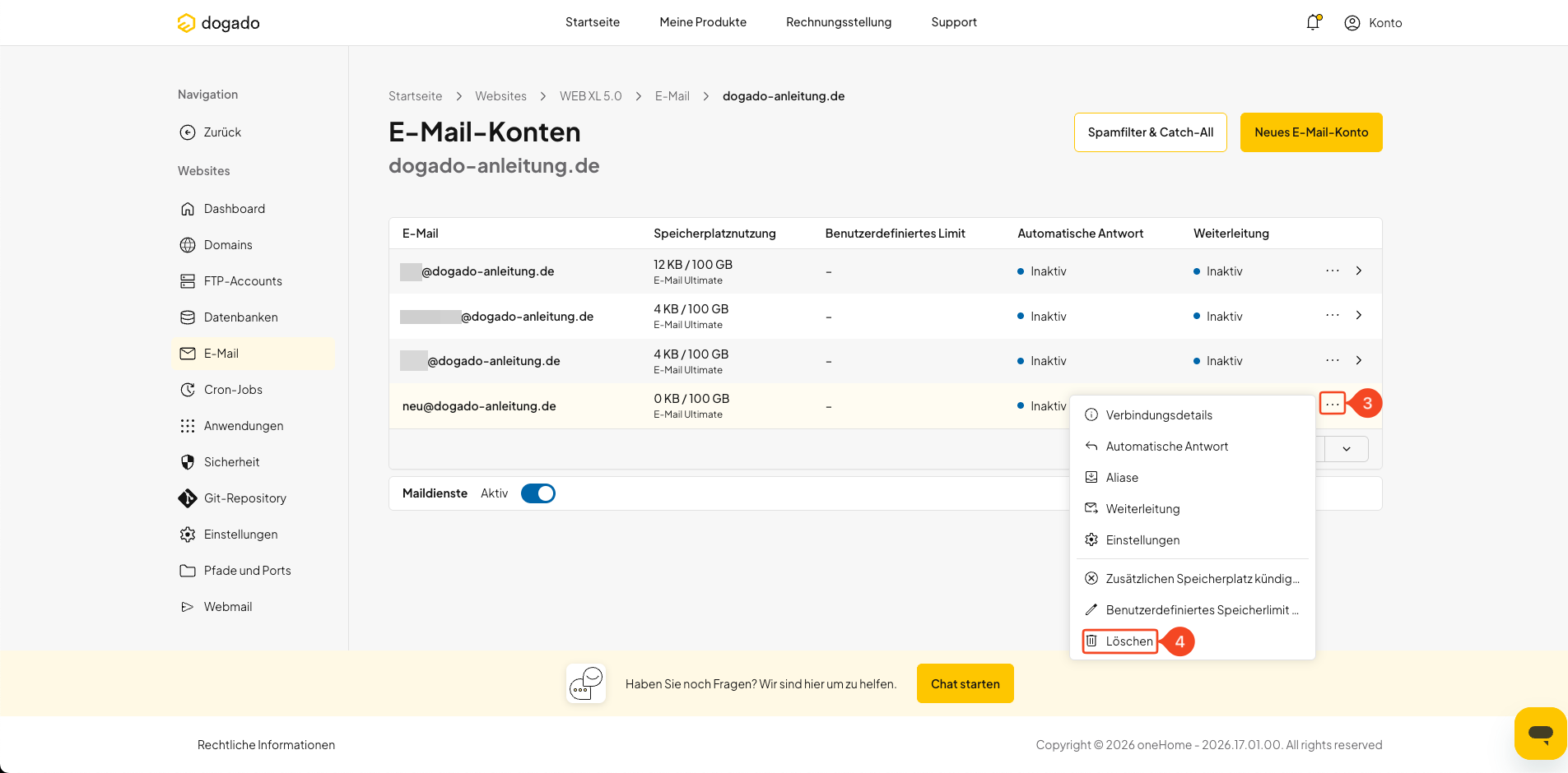 E-Mail-Postfach in oneHome zum Löschen auswählen