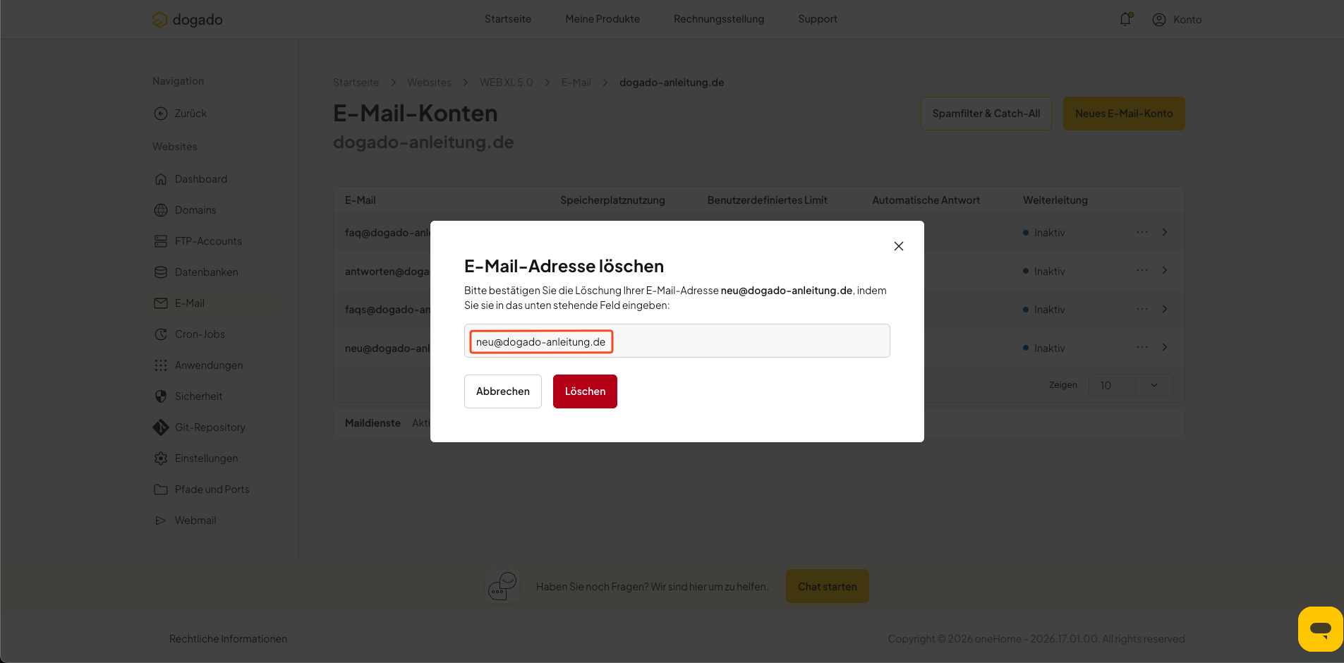 Löschen eines E-Mail-Postfachs in oneHome bestätigen