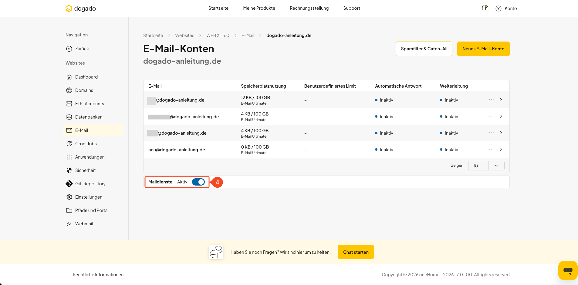 Maildienste für eine Domain in oneHome deaktivieren