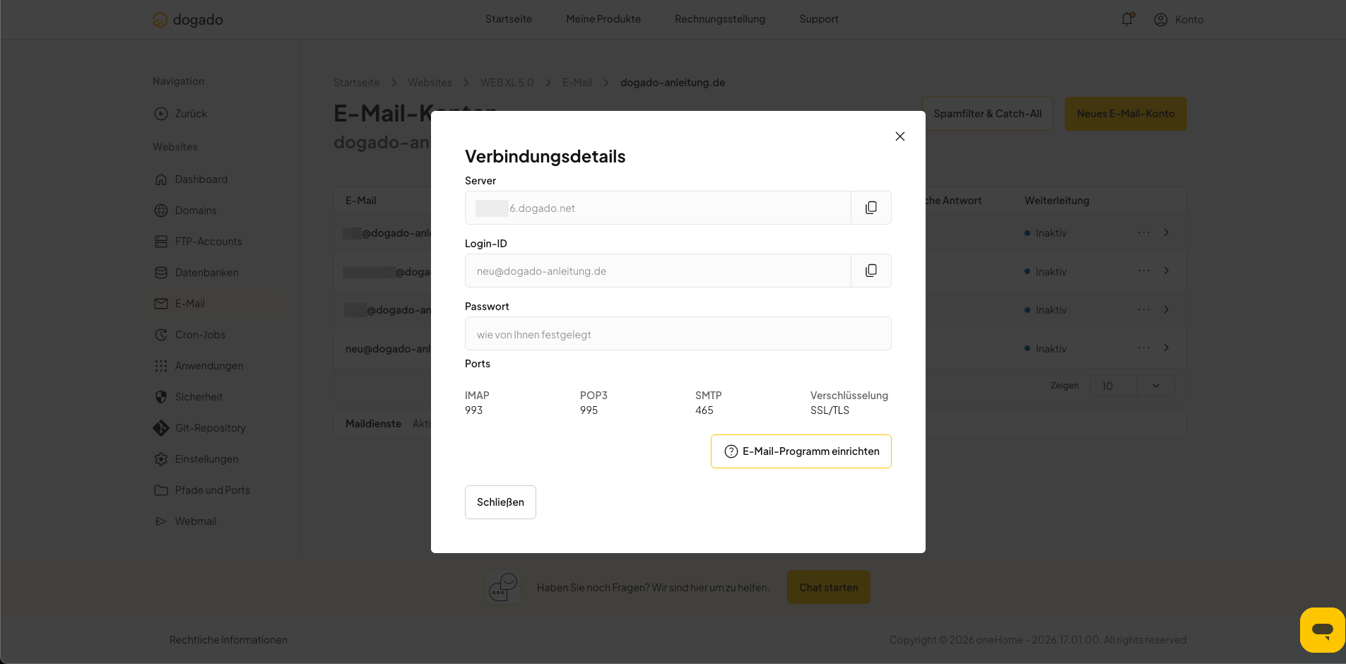 E-Mail-Serverdaten und Verbindungsdetails in oneHome anzeigen