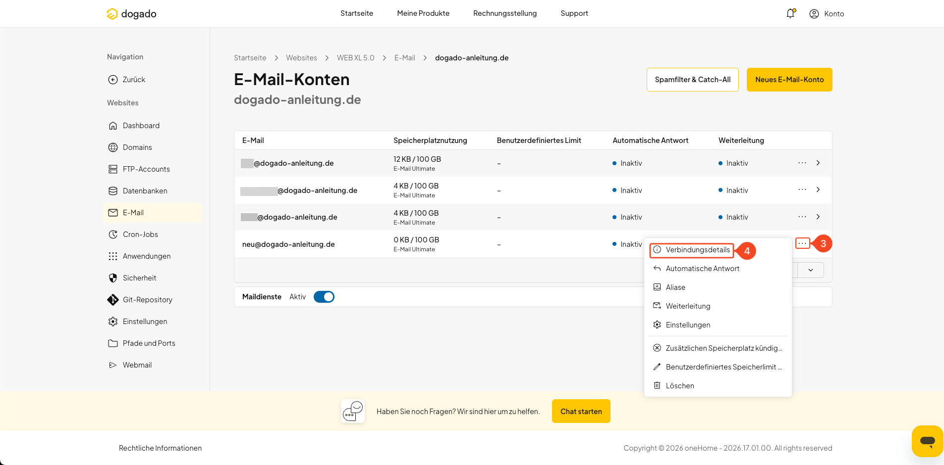 Verbindungsdetails eines E-Mail-Postfachs in oneHome öffnen