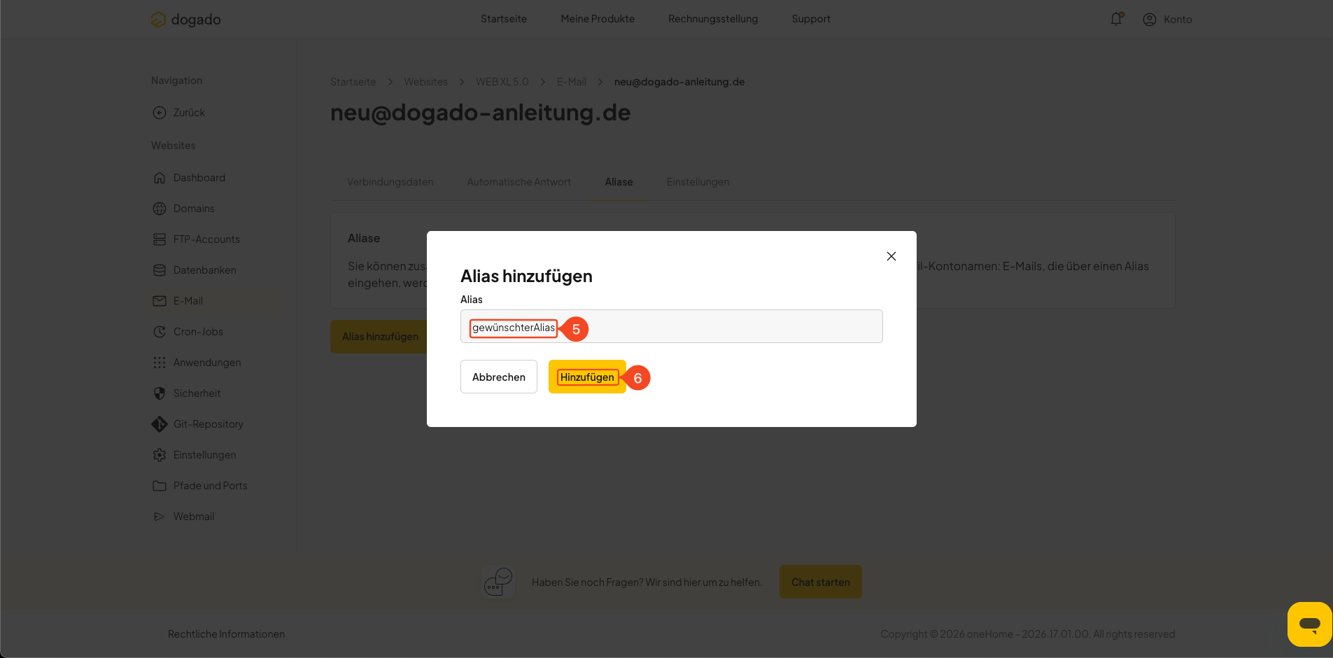 Namen für einen E-Mail-Alias eingeben und hinzufügen