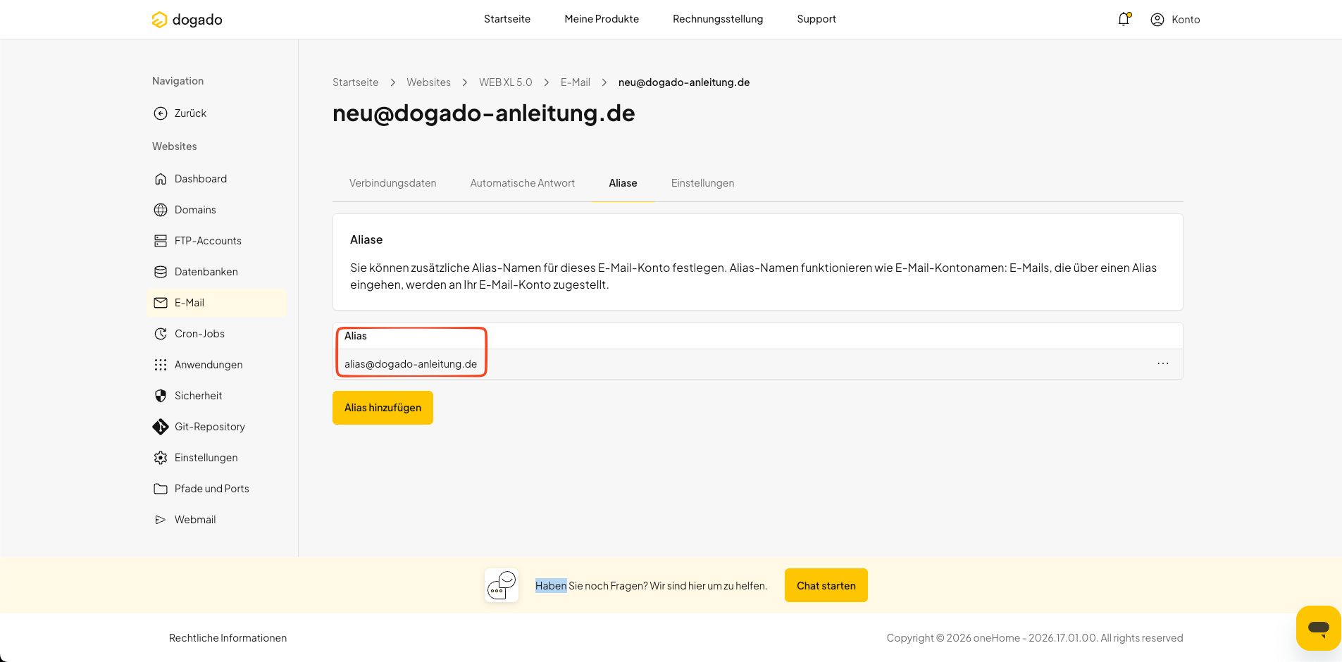 Angelegten E-Mail-Alias in oneHome anzeigen