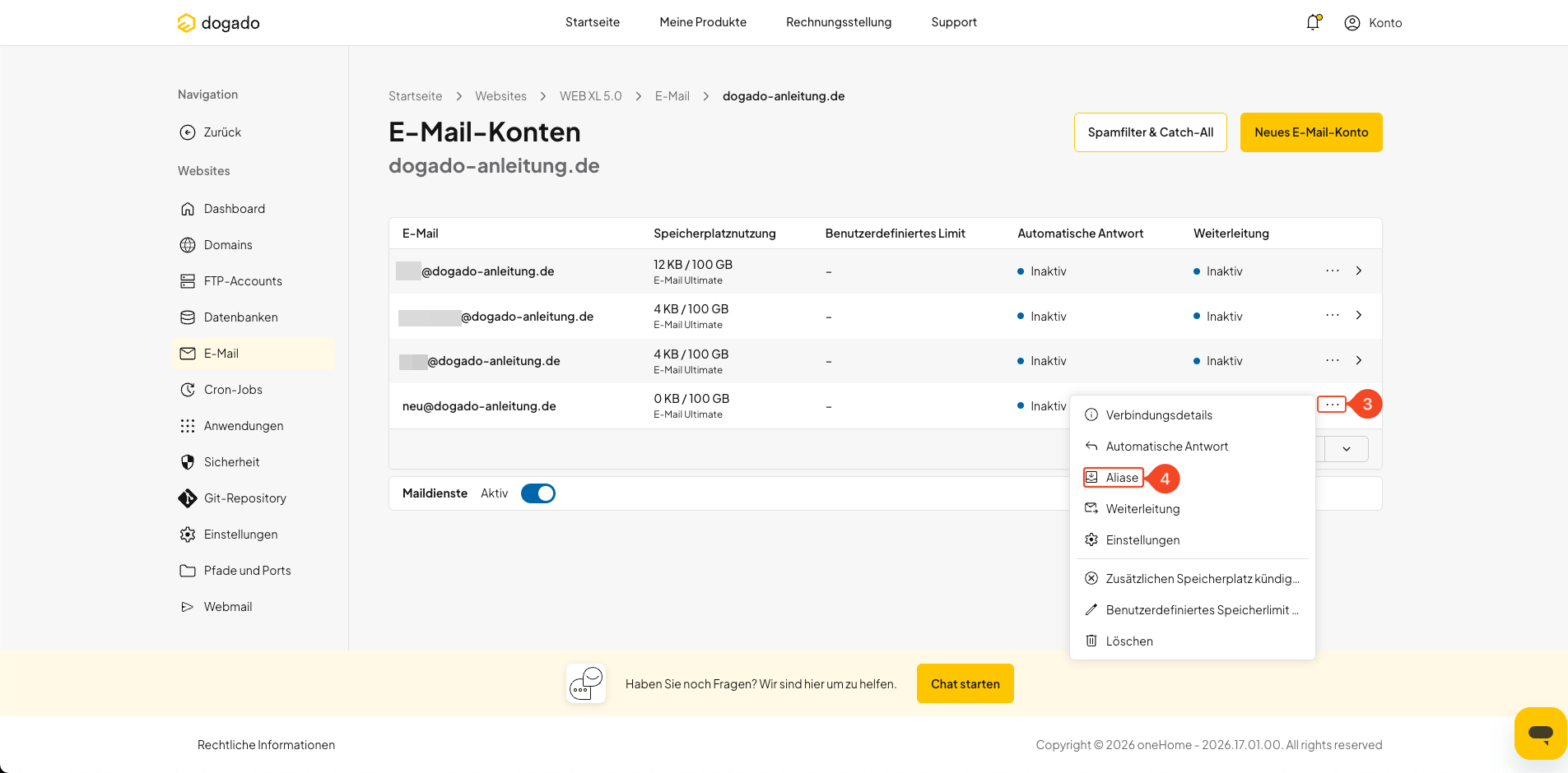 Aliase eines E-Mail-Postfachs in oneHome öffnen