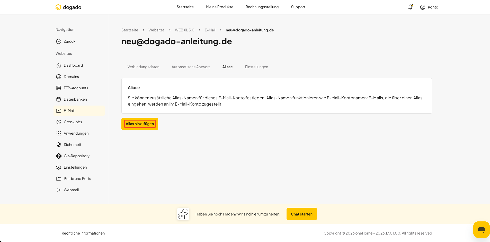 Neuen E-Mail-Alias in oneHome hinzufügen