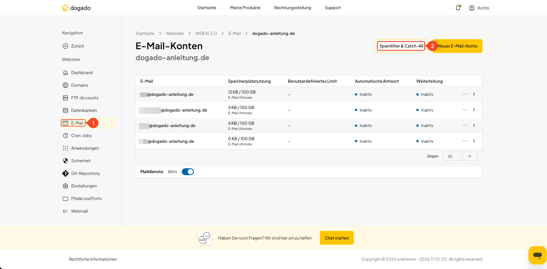 Bereich E-Mail mit Spamfilter und Catch-All in oneHome