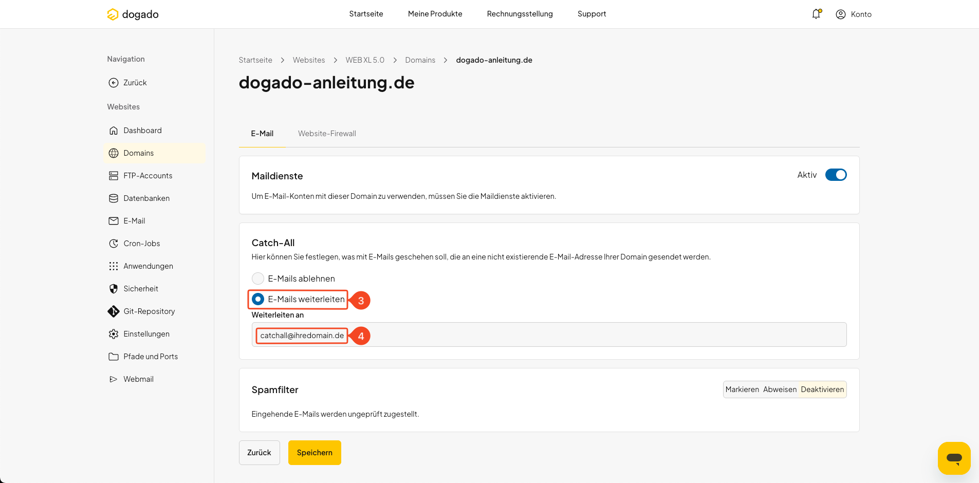 Catch-All Weiterleitung in oneHome aktivieren und E-Mail-Adresse eintragen
