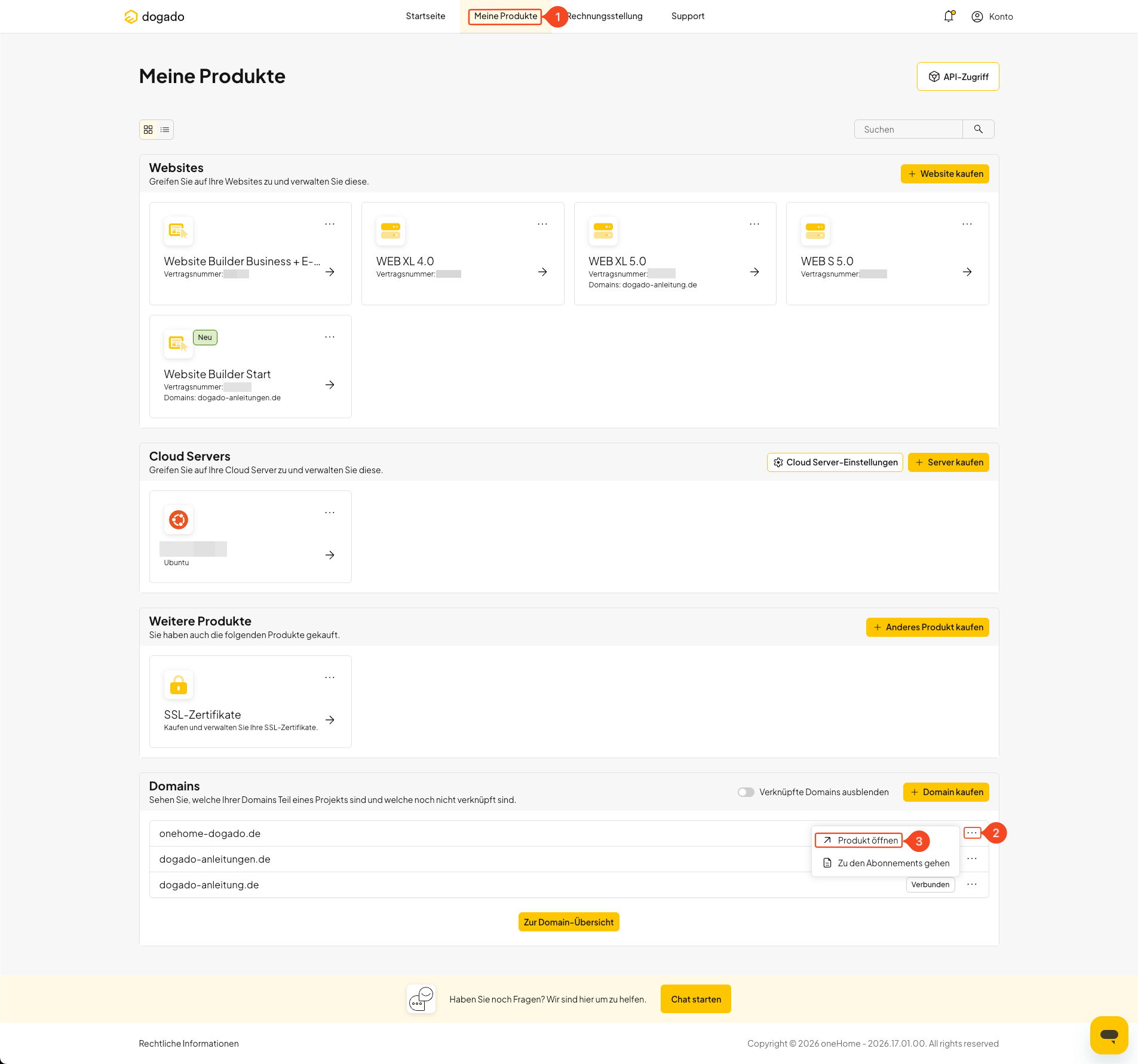 Domain in oneHome auswählen und Produkt verwalten öffnen