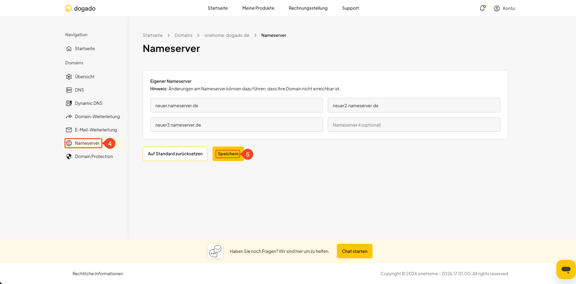 Nameserver einer Domain in oneHome ändern und speichern