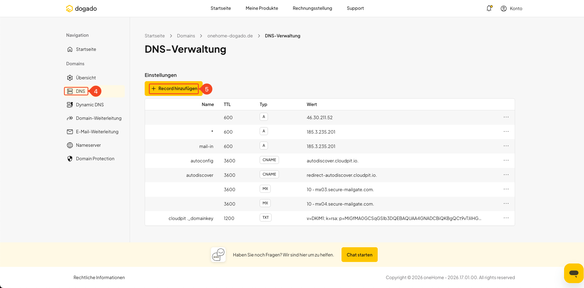 DNS-Verwaltung einer Domain öffnen und neuen DNS-Record hinzufügen