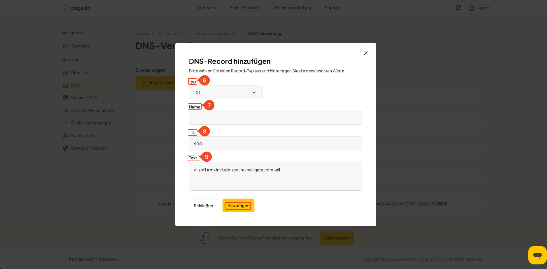 SPF-Record als TXT-Record in oneHome eintragen