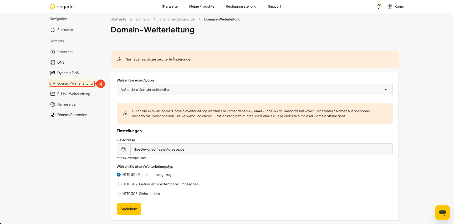 Domain-Weiterleitung in oneHome öffnen
