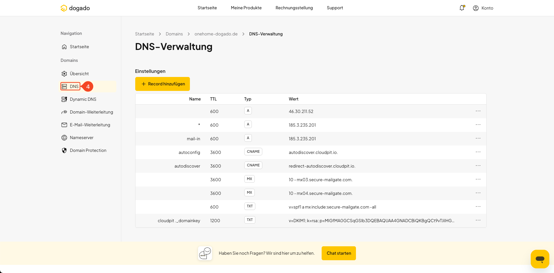 DNS-Verwaltung einer Domain in oneHome öffnen
