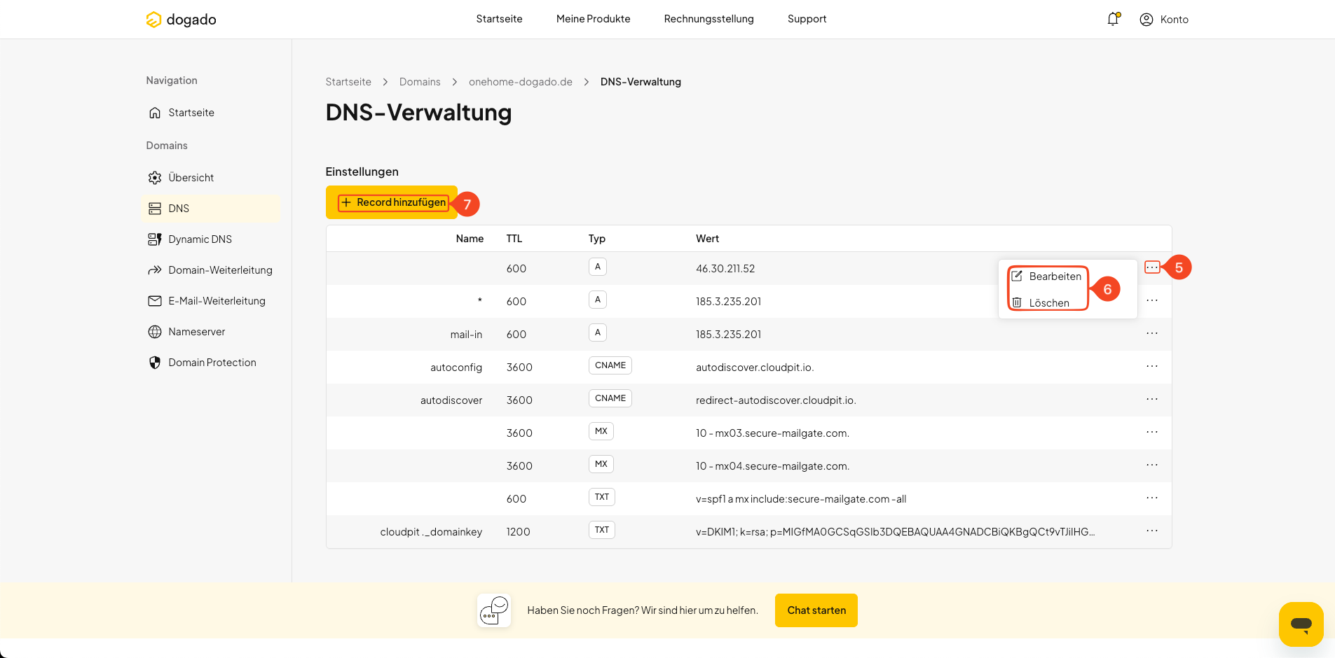 DNS-Einträge in oneHome bearbeiten, löschen oder hinzufügen