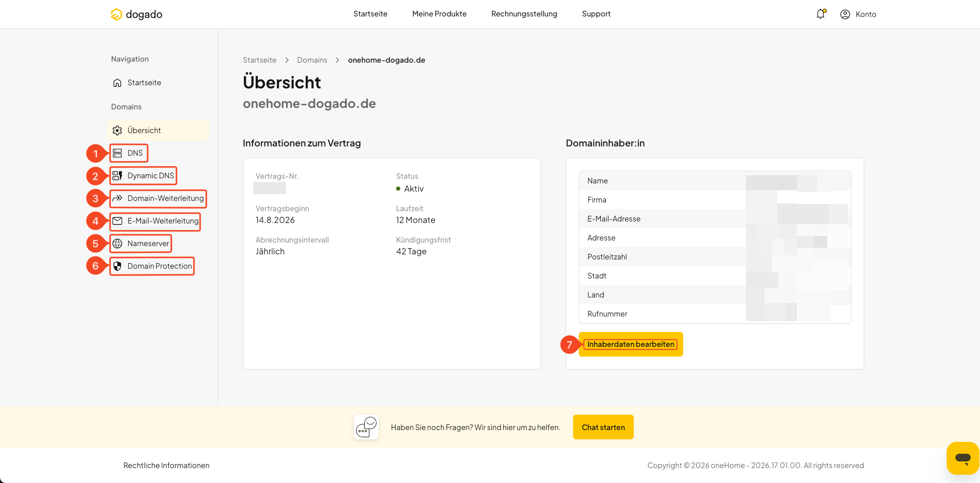 Übersicht der Verwaltungsmöglichkeiten einer Domain ohne Hosting-Paket in oneHome