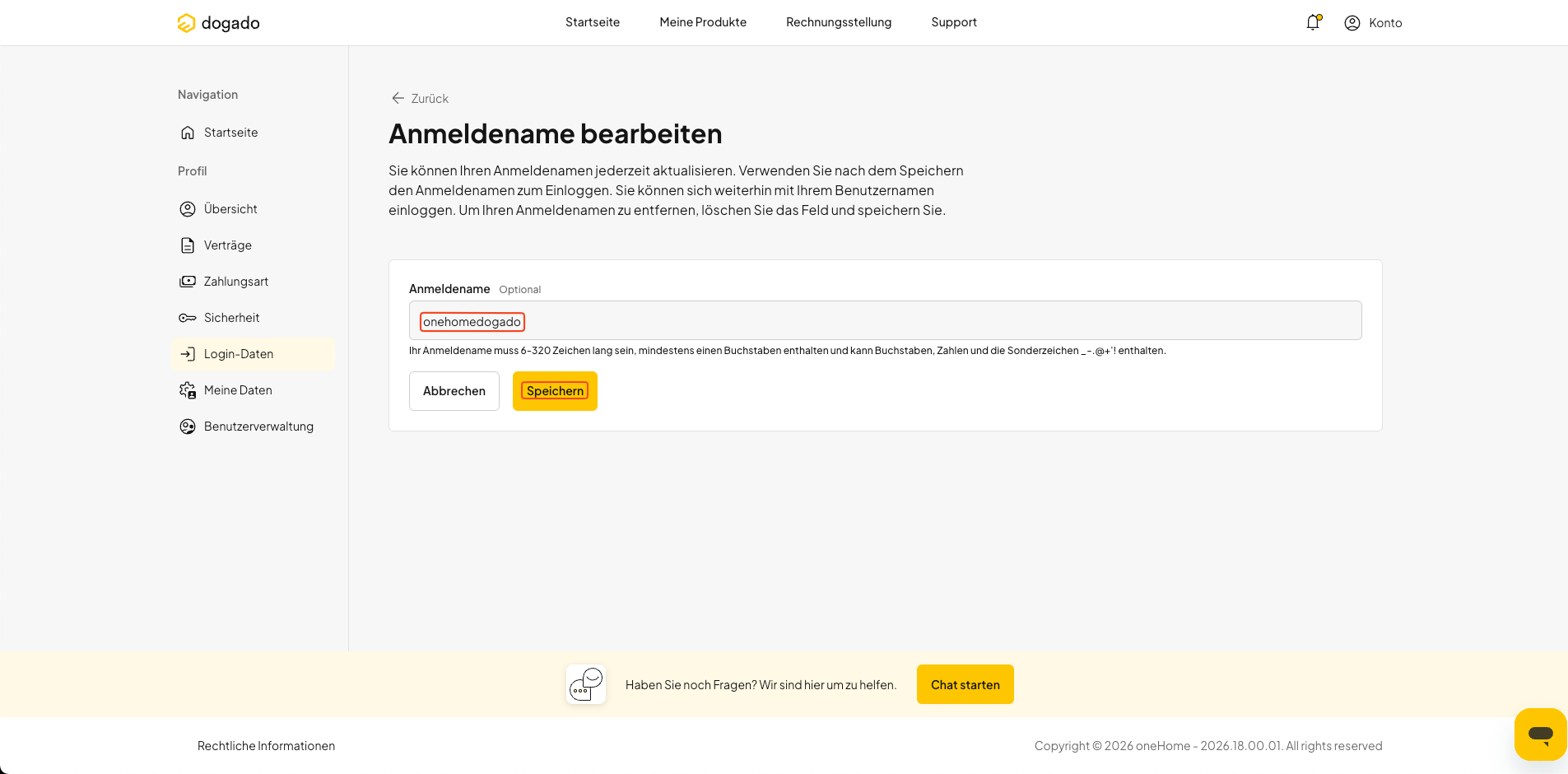 Anmeldenamen für oneHome eingeben und speichern