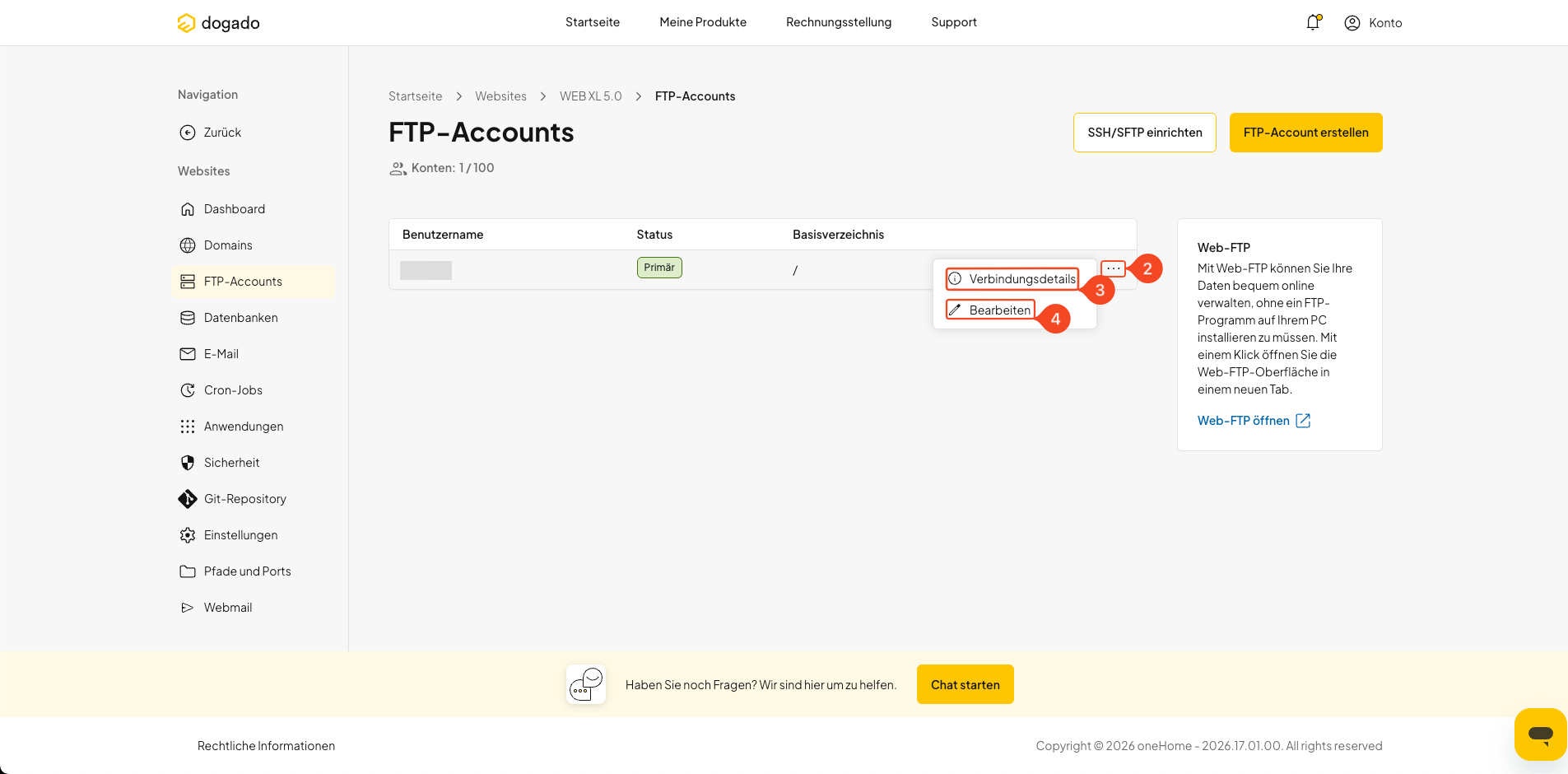 Verbindungsdetails des primären FTP-Benutzers in oneHome anzeigen
