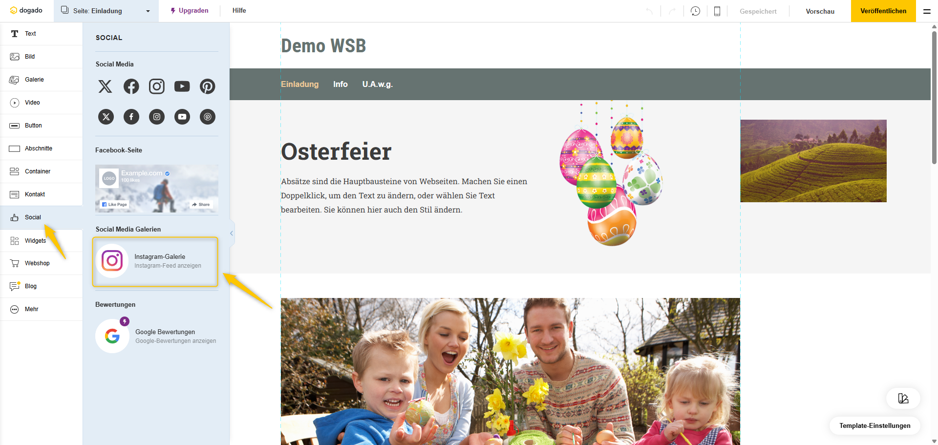Instagram-Galerie im Homepage-Baukasten auswählen und auf der Seite platzieren