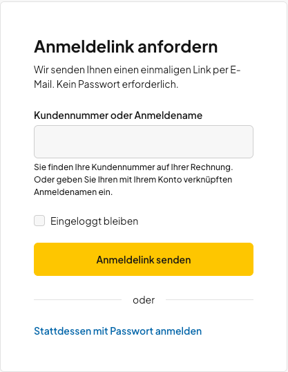 Kundennummer oder Anmeldenamen eingeben und Anmeldelink für oneHome senden