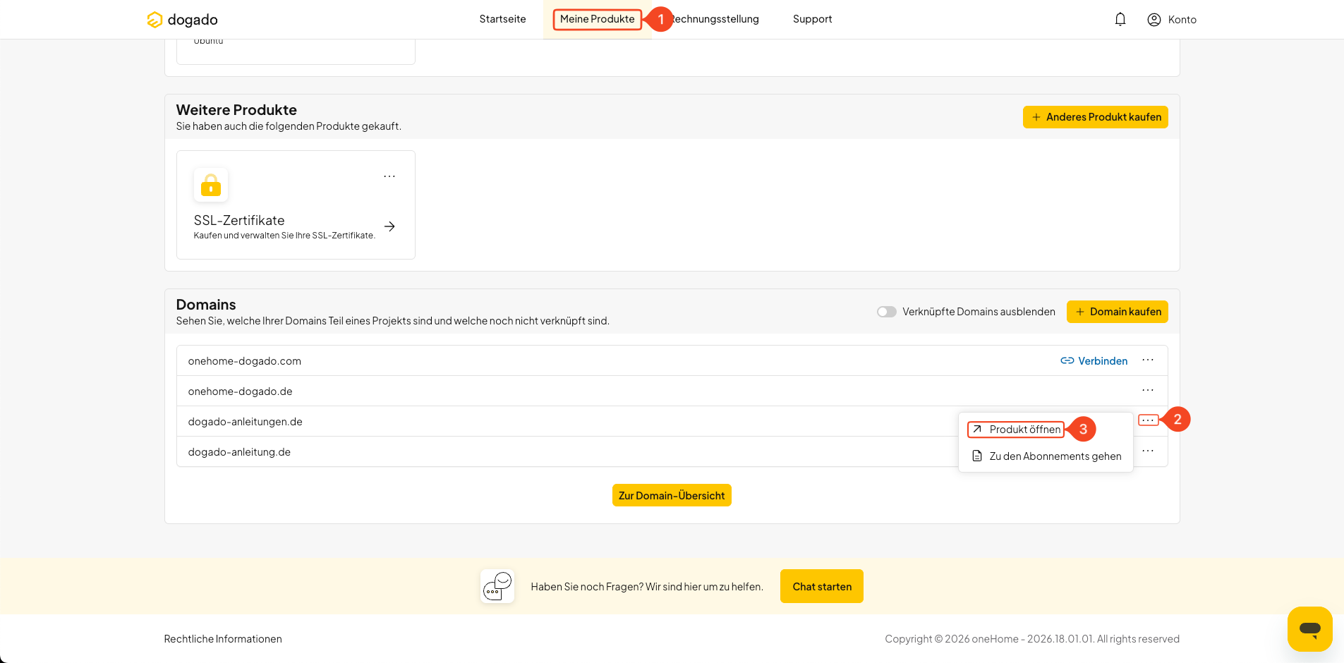 Bereich Domains in oneHome mit geöffnetem Drei-Punkte-Menü und der Option Produkt öffnen
