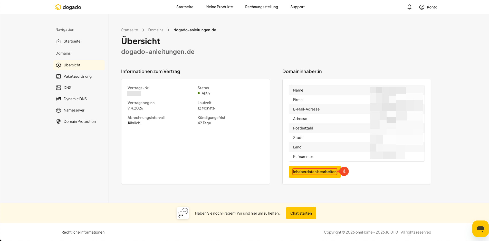 Domainübersicht in oneHome mit den Inhaberdaten und der Schaltfläche Inhaberdaten bearbeiten