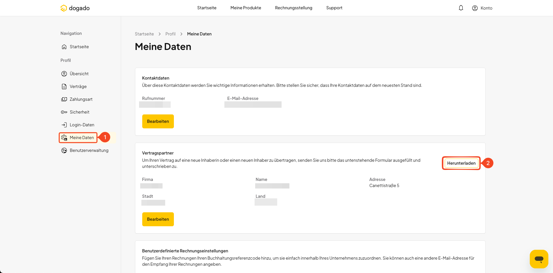 Formular zur Vertragsübernahme unter Meine Daten herunterladen