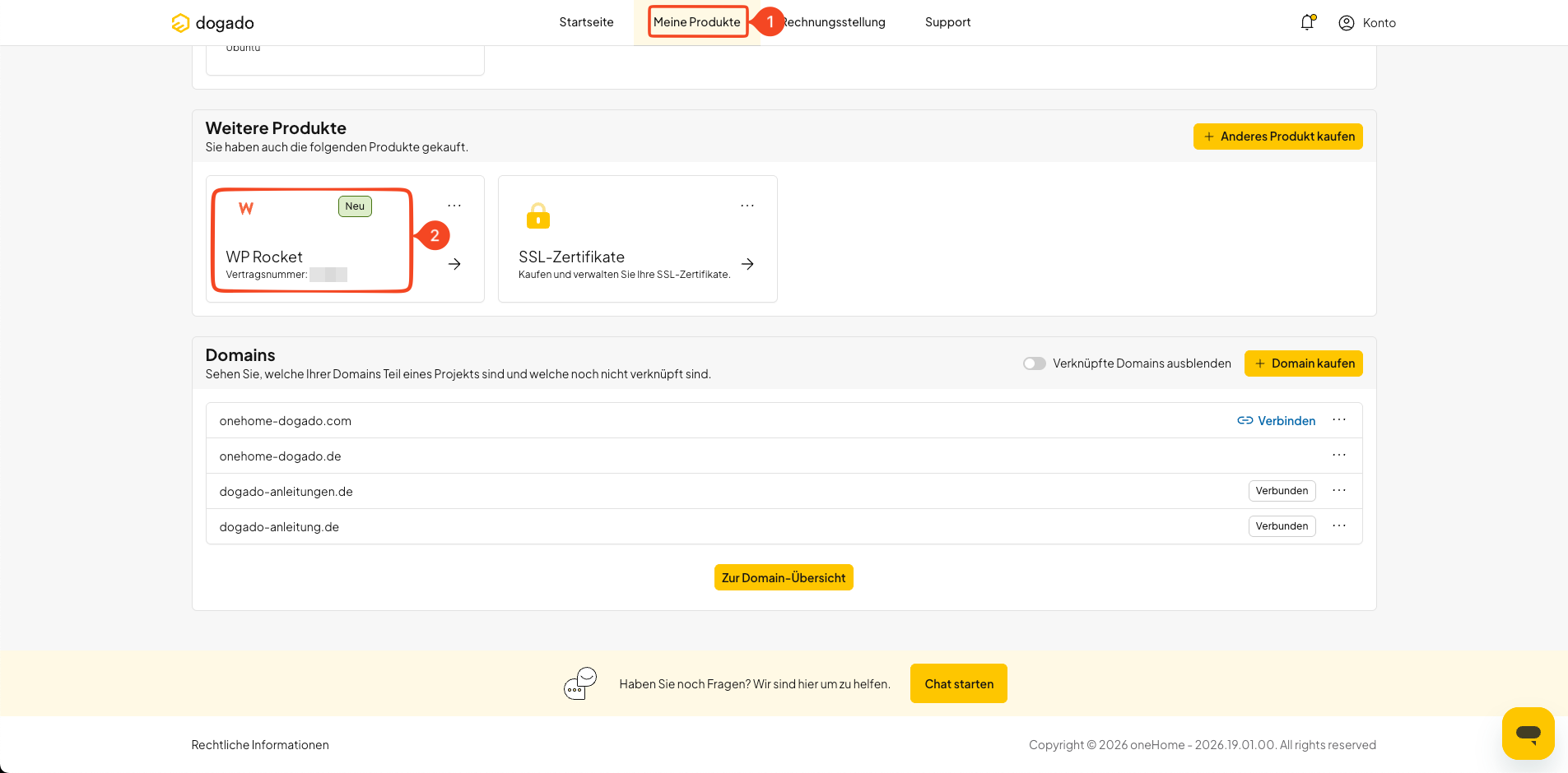 Meine Produkte und WP Rocket in oneHome