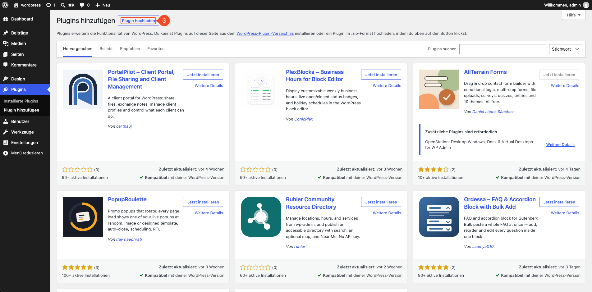 Schaltfläche Plugin hochladen im WordPress-Backend
