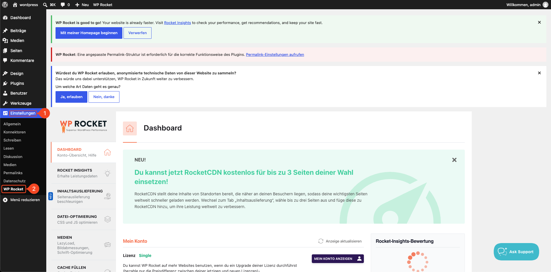 WP Rocket Einstellungen im WordPress-Backend