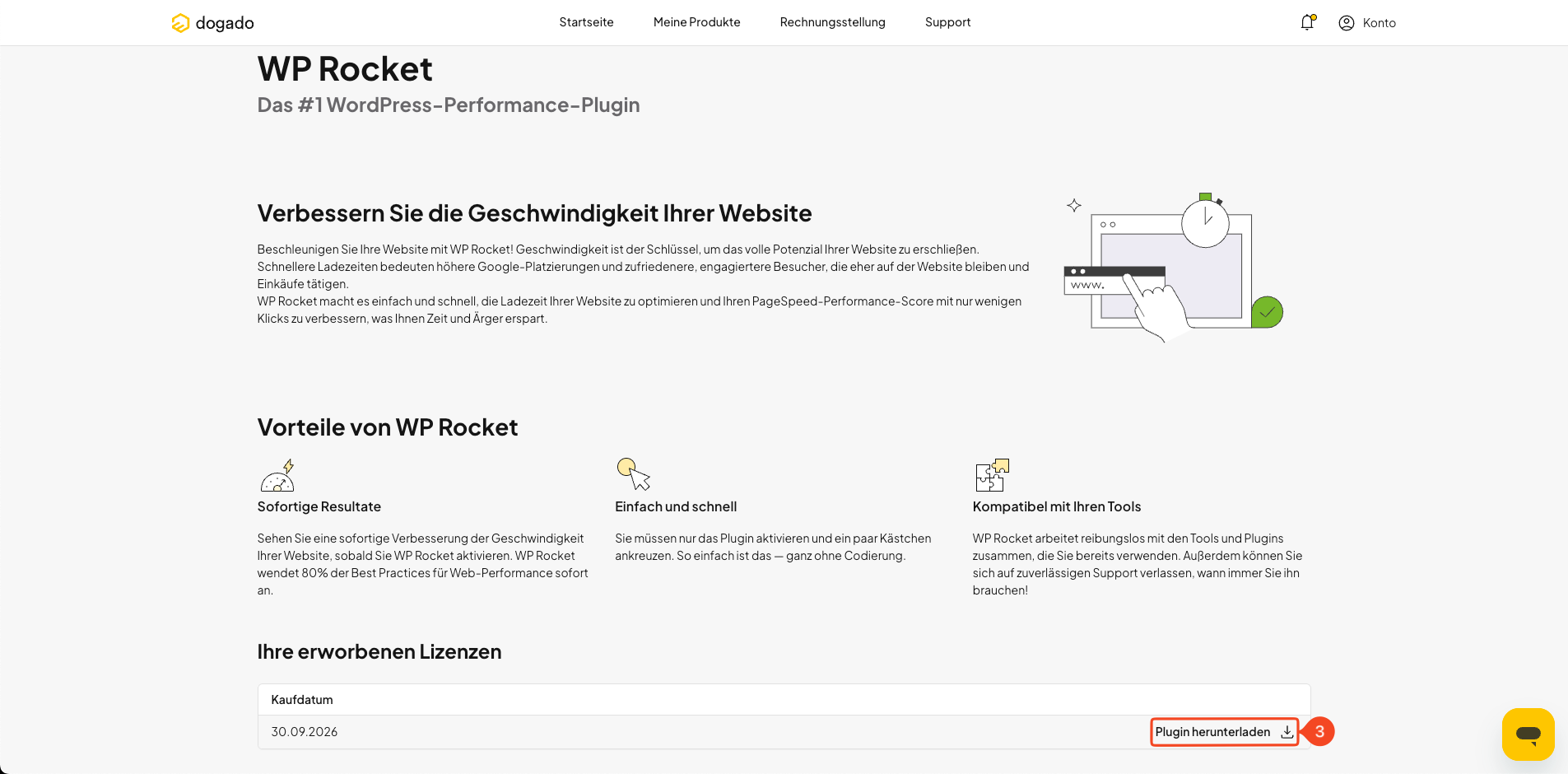 Download des WP Rocket Plugin-Pakets in oneHome