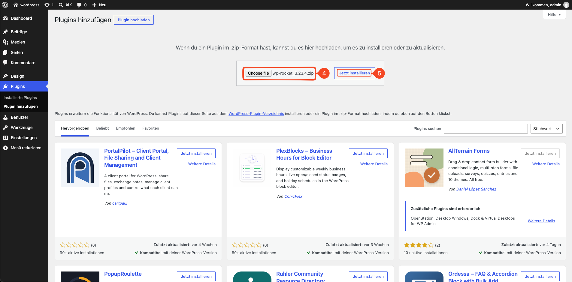 WP Rocket ZIP-Datei auswählen und installieren