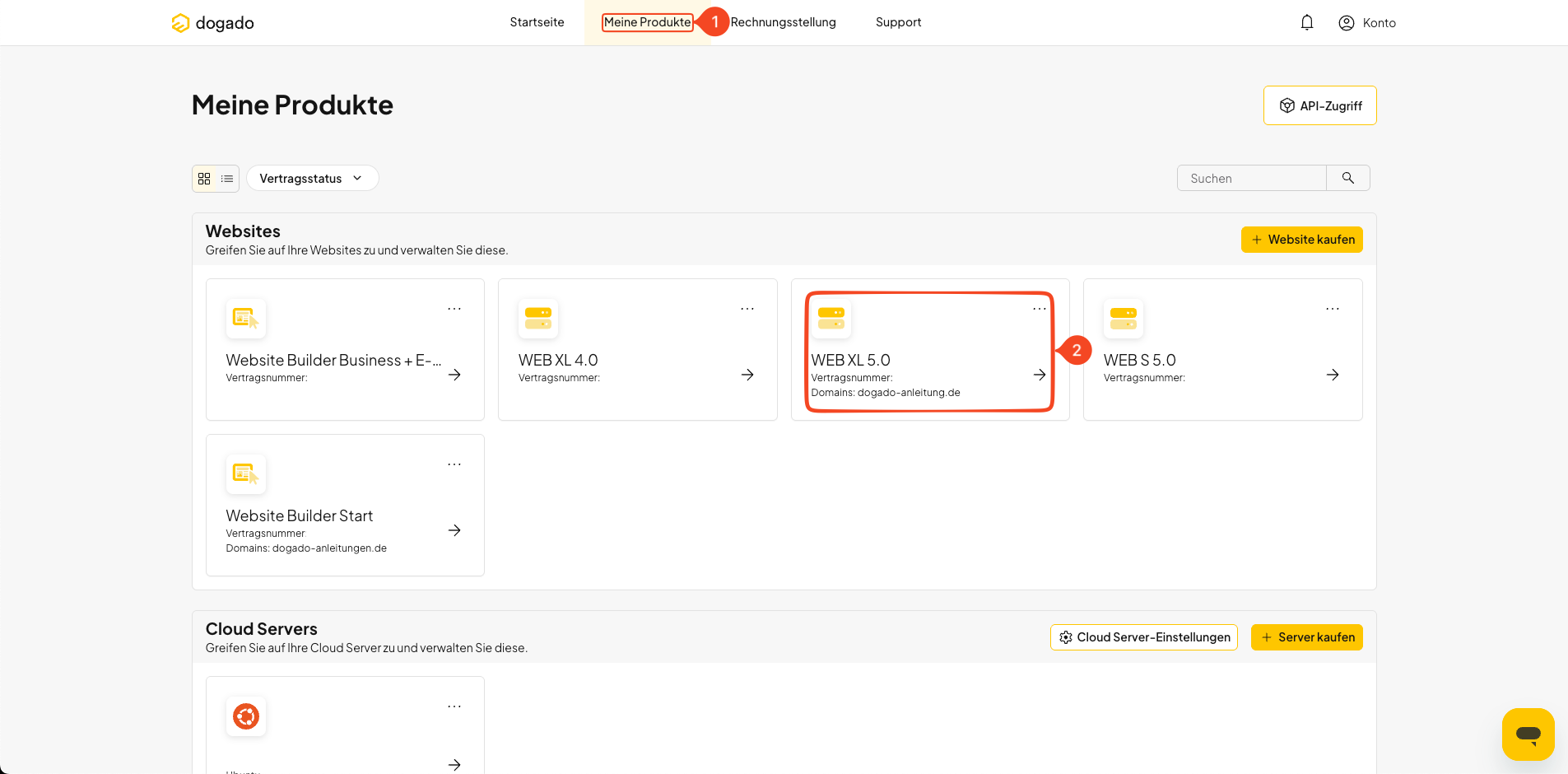Auswahl des Webhosting-Pakets unter Meine Produkte in oneHome