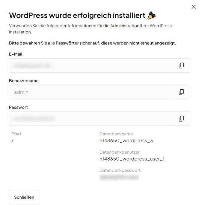 Abgeschlossene Installation mit Informationen und Zugangsdaten