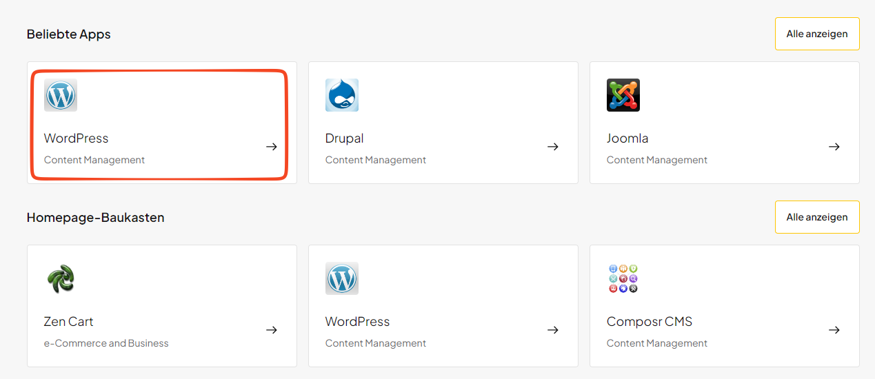 WordPress in der Anwendungsübersicht des One-Click Installers auswählen